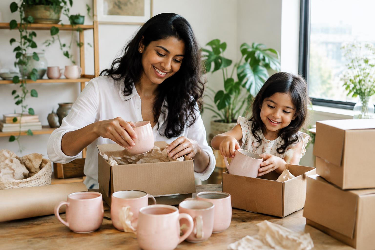 Mother and daughter packing handmade ceramics at home